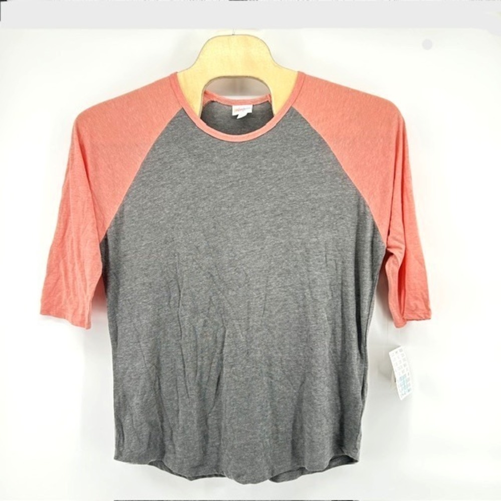 LuLaRoe Randy Baseball Tee Heather Grey Coral Pink Raglan 3/4 Sleeve Shirt 2XL